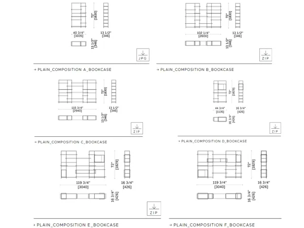 Data sheet of the available versions of the Plain bookcase by Lema