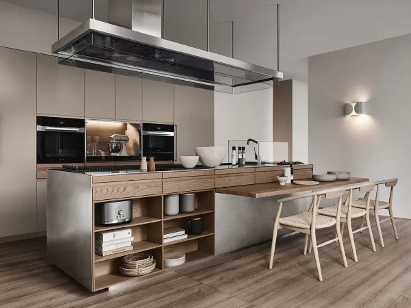 La cuisine Convivium avec snack intégré d'Arclinea