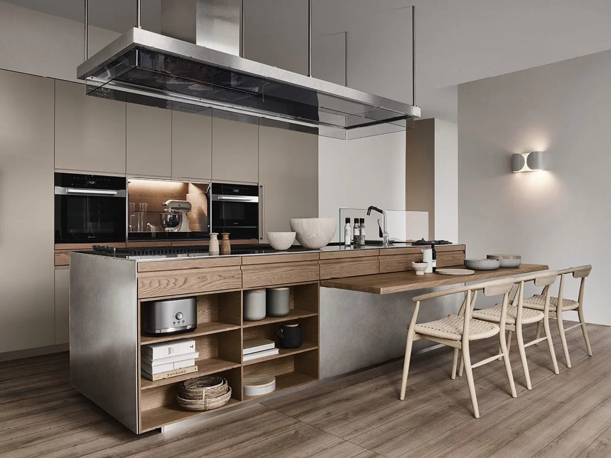 La cuisine Convivium avec snack intégré d'Arclinea