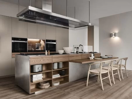 La cocina Convivium con banco snack integrado de Arclinea