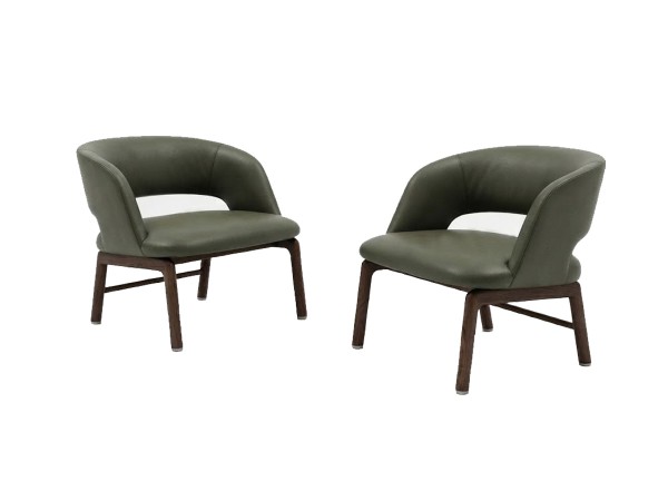 Flexform Alma lounge armchair in green leather with dark Canaletto walnut base