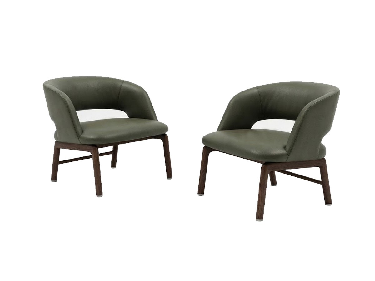 Fauteuil lounge Flexform Alma en cuir vert, piètement en noyer Canaletto foncé