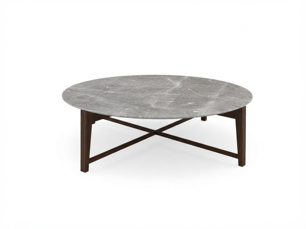 Table basse ronde Flexform Tris, 127 cm, plateau en marbre gris stardust mat sur piètement en bois foncé