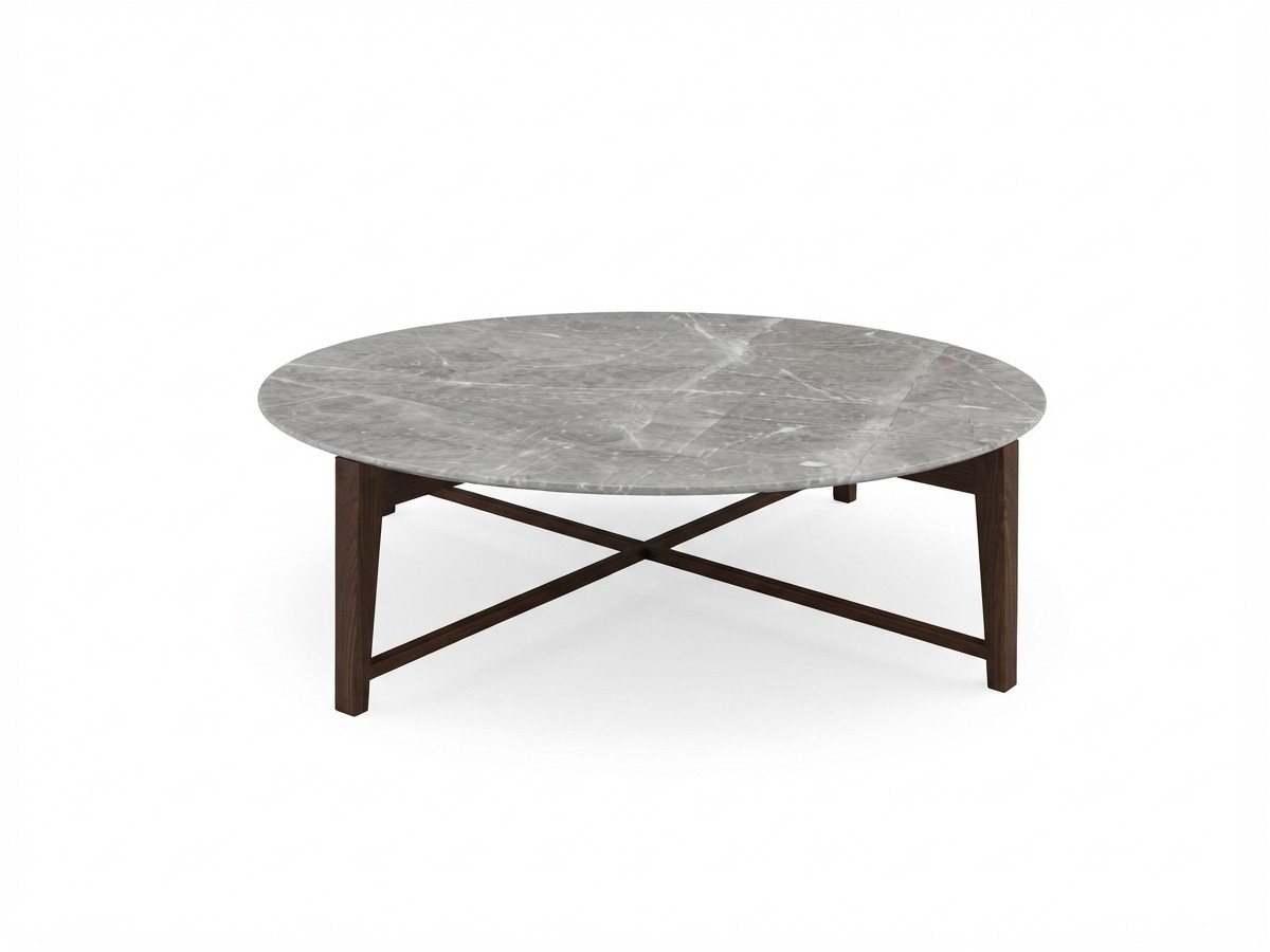 Tavolino rotondo Flexform Tris da 127 cm con piano in marmo grigio stardust opaco e base in legno scuro